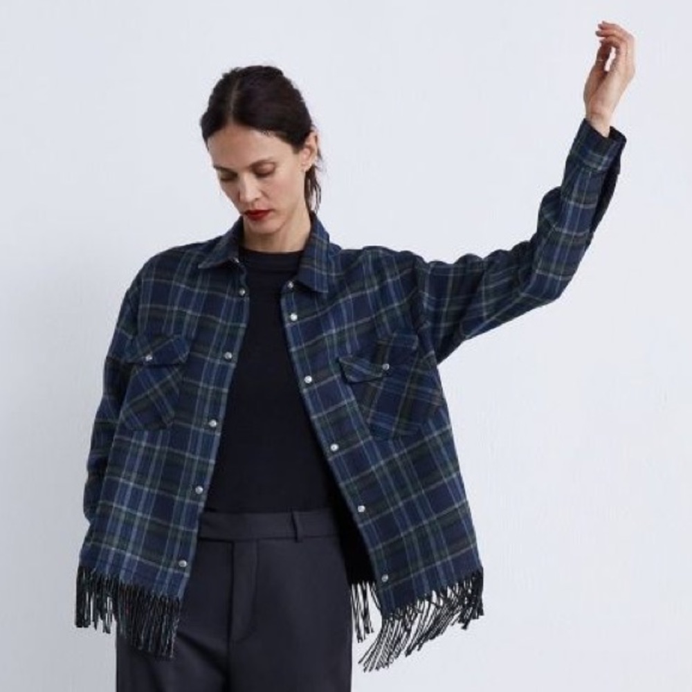 Zara Women CHECK BUTTON DOWN SHIRT W/ FRINGE XS BN